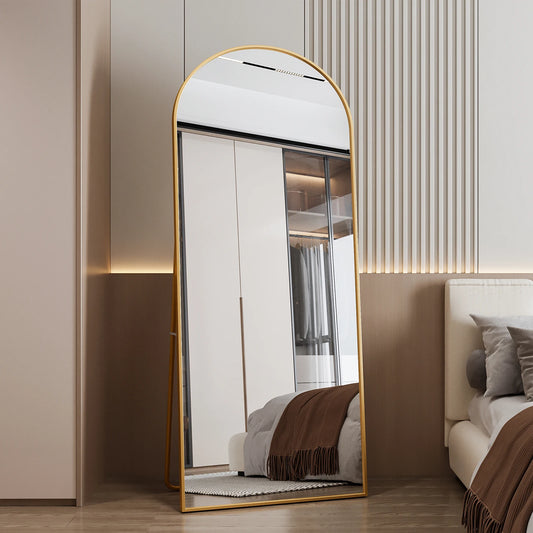 180x80cm Full Body Mirror, Curved Mirror with Gold Aluminum Alloy Frame and Reinforced Glass, with Hooks, HD Large Floor Mirror