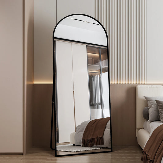 180x80cm Full Body Mirror, Curved Mirror with Black Aluminum Alloy Frame and Reinforced Glass, with Hooks, HD Large Floor Mirror